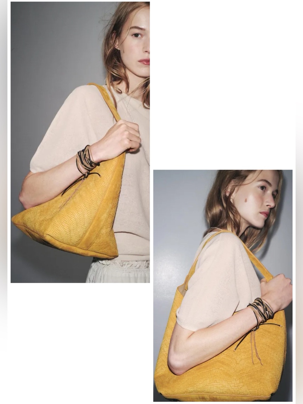 Zara Suede Relief Braided Shoulder Bag Yellow Internal Wallet Zipper